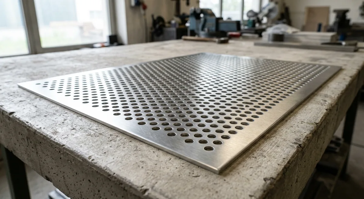 Aluminium-Lochblech mit umlaufend geschlossenem, ungelochtem Rand auf einer Werkbank
